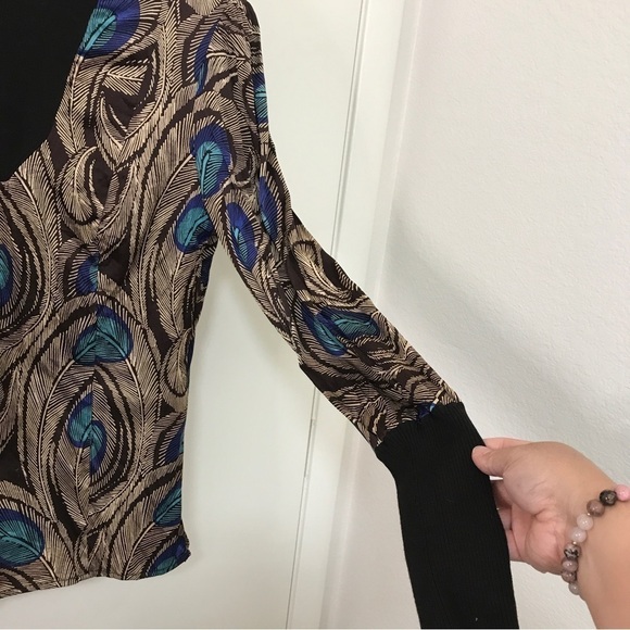 Etcetera silk spandex peacock print turtle neck long sleeve top - Picture 7 of 14